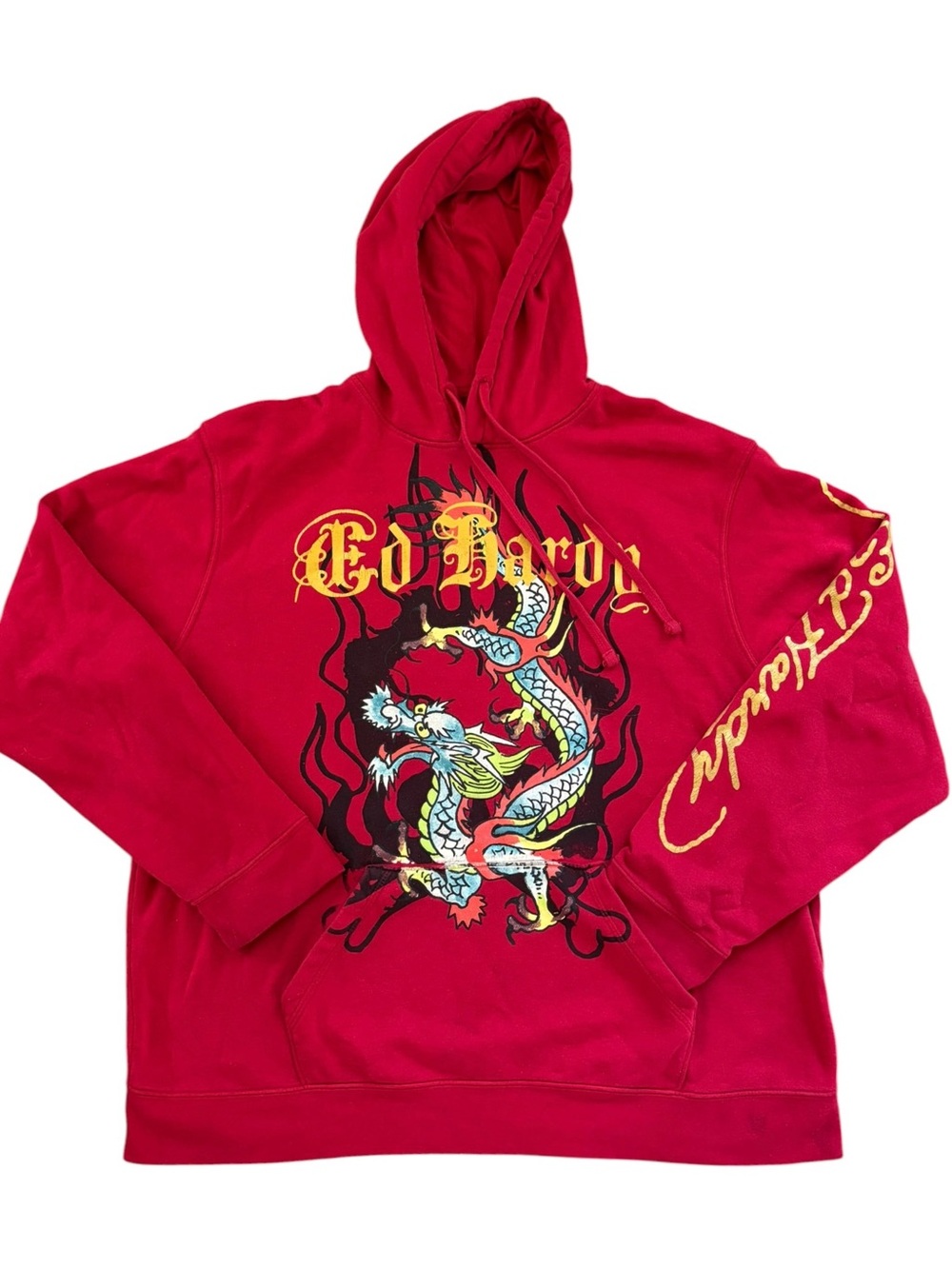 Y2K Ed Hardy Dragon/Skull Hoodie Red Size XXL Spell Out Down Arm Bright Graphics